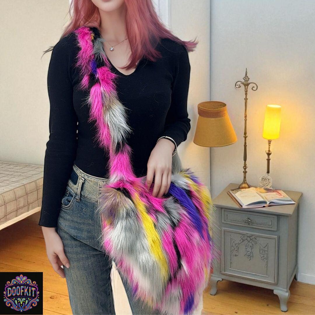 Fur Raves Fluffy Faux Fur Rave Shoulder Bag β Pink & Red Striped Festival Tote ...