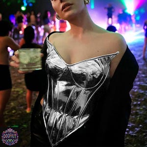 Gold Metallic Corset Top | DoofKit Cyber Goddess Bodysuit | Futuristic Festival Bustier | Rave Wear for Women