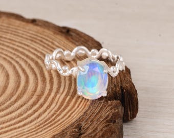 Owalny pierścionek z opalem Aurora ze srebra próby 925, opaska Boho Wave