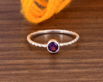 Minimalist Amethyst Sterling Silver Ring - Handmade Bezel Band