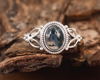 Oval Moss Agate Ring, 925 Sterling Silver Filigree, Vintage Boho