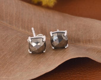 Natural Pyrite Cushion Cut Stud Earrings, Sterling Silver Geometric Boho Chic Jewelry