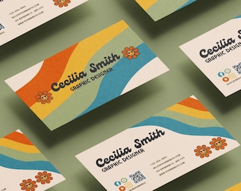 Plantilla de tarjeta de presentación con arcoíris retro: Diseño editable en Canva (PDF)