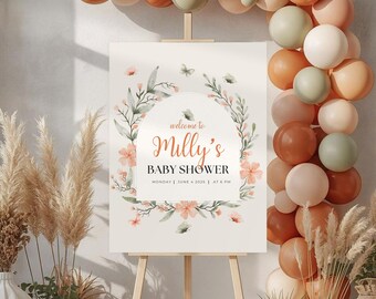 Letrero de bienvenida para bebé en flor / Plantilla de letrero de baby shower con flores silvestres / Letrero de bienvenida para baby shower de niña imprimible, descarga digital
