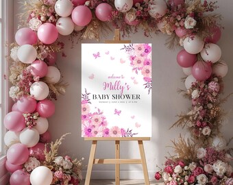 Letrero de bienvenida para bebé en flor / Plantilla de letrero floral para baby shower / Letrero de bienvenida para baby shower de niña imprimible, descarga digital