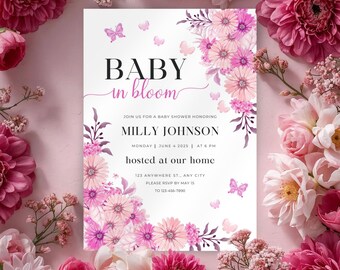 Plantilla de invitación para baby shower "Bebé en flor" / Invitación floral editable para baby shower / Descarga digital de brunch floral para bebé