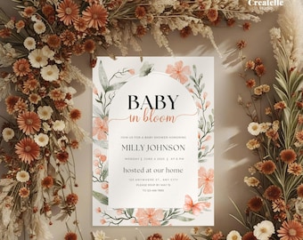 Plantilla de invitación para baby shower con flores silvestres: Diseño floral editable (descarga digital)