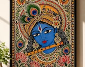 Krishna Madhubani Digital Art Print, Flute Hindu Wall Decor (Instant Download)