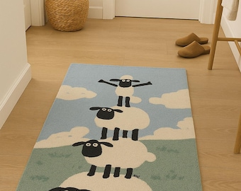 Hand Tufted Wool Sheep Rug: Animal Shape Nursery Decor. Anti slip cotton backing