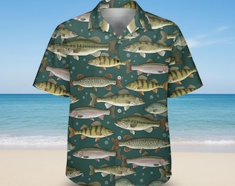 Mens Freshwater Fish Hawaiian Shirt, Fishing Lover Gift for Him, Summer Vacation Button Up
