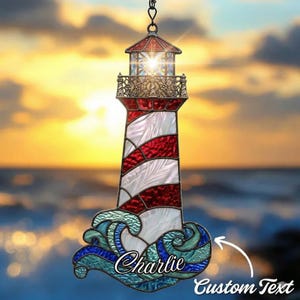 Personalized Lighthouse Acrylic Suncatcher, Ocean Sunset Coastal Window Hanging Ornament, Seaside Beach Home Decor