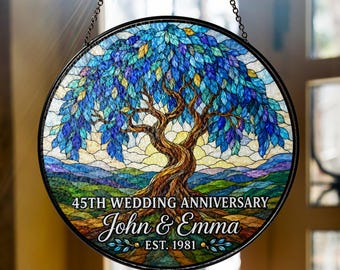 Personalized Sapphire 45th Wedding Anniversary Stained Glass Suncatcher: Custom Tree Window Hanging Ornament Keepsake For Parents