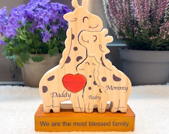 Regalo familiar personalizado, rompecabezas familiar de jirafa de madera personalizado, decoración del hogar, regalo de cumpleaños, rompecabezas con nombre grabado, regalo de boda, regalo de baby shower