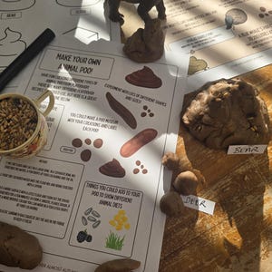 Op de afbeelding: Een speelse educatieve opstelling met een bruin dinosaurus speelgoed, klei en gedrukte instructies. De tekst op het papier luidt "Maak je eigen dierenpoep!" en bevat illustraties van verschillende dierlijke uitwerpselen. Het thema is een leuke, praktische leeractiviteit.