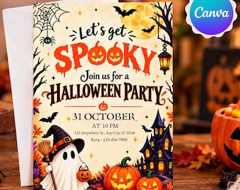 May include: A Halloween party invitation card featuring a ghost in a witch hat holding a broom and pumpkin, with text reading Let's get SPOOKY, Join us for a HALLOWEEN PARTY, 31 OCTOBER AT 10 PM, 123 Anywhere St., Any City, and Rsvp: 123-456-7890.