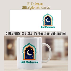 May include: White ceramic mug featuring a teal, orange, and gold arched design with a crescent moon and stars. The words "Eid Mubarak" are printed in teal below the design. The mug has a white handle.