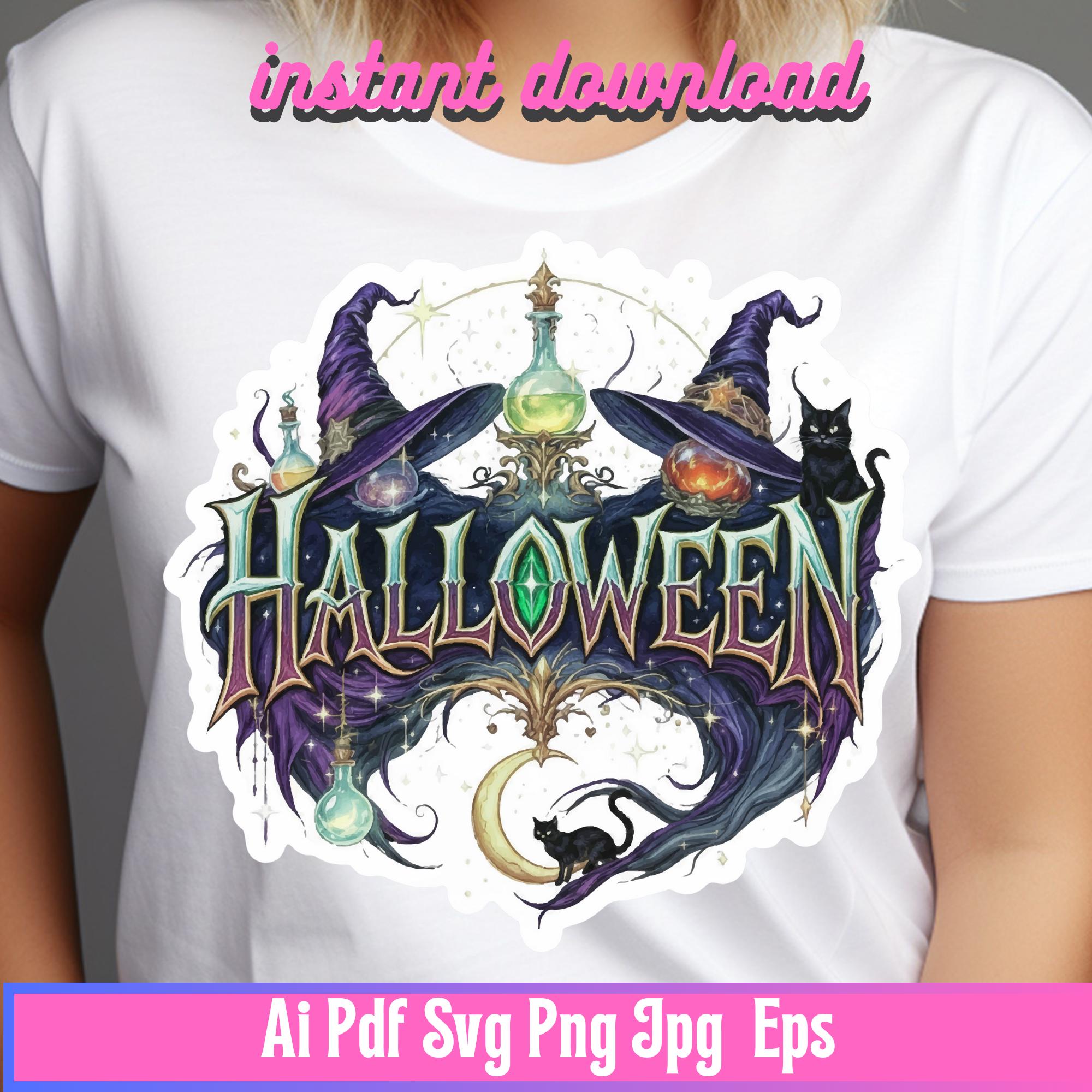 May include: White t-shirt featuring a Halloween design. The design includes the word "Halloween" in a stylized font, witch hats, potion bottles, a black cat, and a crescent moon. The words "instant download" are above the design.