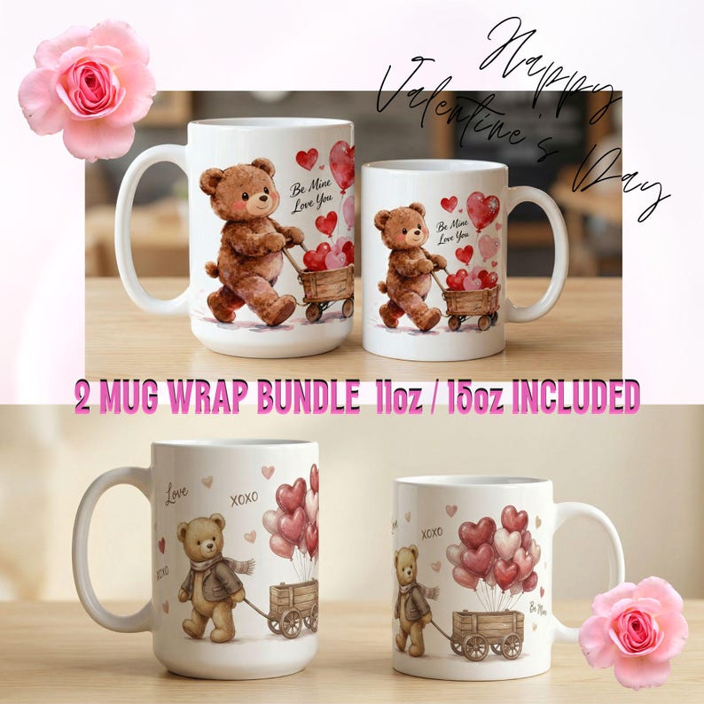 Valentine Teddy Bear Mug Wrap Bundle | Sublimation Mug Design (digital ...