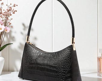 Croc Embossed Baguette Bag, Cream Faux Leather Shoulder Bag