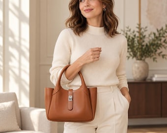 Brown Leather Top Handle Bag for Women Minimalist Handbag Elegant Shoulder Crossbody Purse Gift Christmas Valentines Mothers Day USA UK AU
