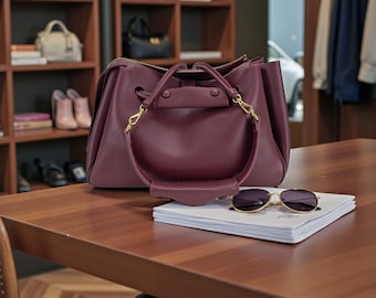 Bordeauxrote Leder Beuteltasche, Minimalistische Umhängetasche