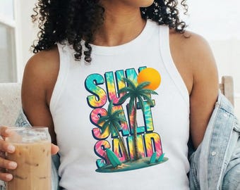 Sun Salt Sand Tank Top, Beach Summer Cropped Racer Tank, Bella Canvas 1019, Tropical Palm Tree Coastal Vacation Top
