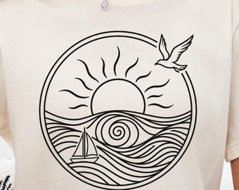 Bella Canvas Minimal Sun Ocean Shirt, Boho Line Art Beach Tee, Vintage Coastal Graphic T-Shirt, Summer Vacation Shirt, Family Matching Tee