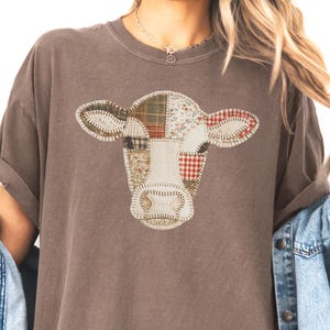 Comfort Colors Faux Patchwork Cow T-Shirt, Quilted Farm Animal Head Tee, Gingham Floral Rustic Cow Lover Shirt, Cottagecore Farmhouse Gift