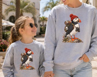 Retro 90's Puffin Wearing Beanie Vintage Birdwatching Birding Unisex Sweatshirt, Puffin Lover Gift, Cozy Nature Sweater