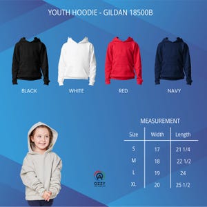 May include: Youth hoodies in black, white, red, and navy blue are displayed. The image includes a size chart with measurements in inches: S (17" width, 21 1/4" length), M (18" width, 22 1/2" length), L (19" width, 24" length), and XL (20" width, 25 1/2" length).