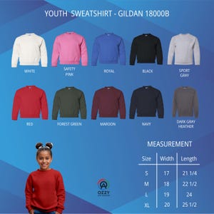 May include: A selection of youth sweatshirts in various colors, including white, pink, blue, black, and gray. The image also displays a red sweatshirt on a young person. Measurements are provided for sizes S, M, L, and XL, with widths ranging from 17 to 20 inches.