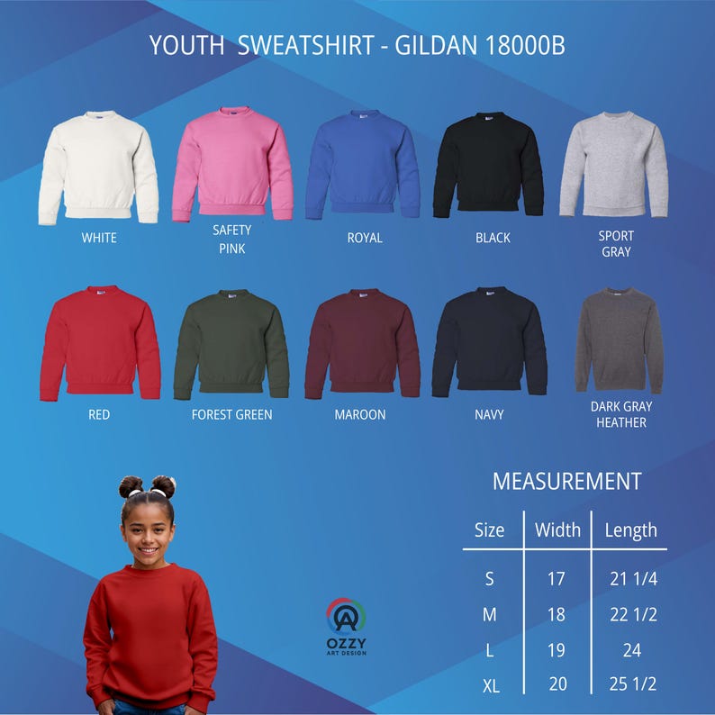 May include: A selection of youth sweatshirts in various colors, including white, pink, blue, black, and gray. The image also displays a red sweatshirt on a young person. Measurements are provided for sizes S, M, L, and XL, with widths ranging from 17 to 20 inches.