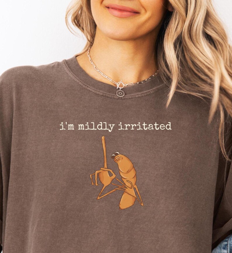 Op de afbeelding: Een bruine crewneck sweatshirt met de tekst "i'm mildly irritated" boven een cartoon garnalen illustratie. De garnaal steekt een middelvinger op. Het model draagt een zilveren ketting.
