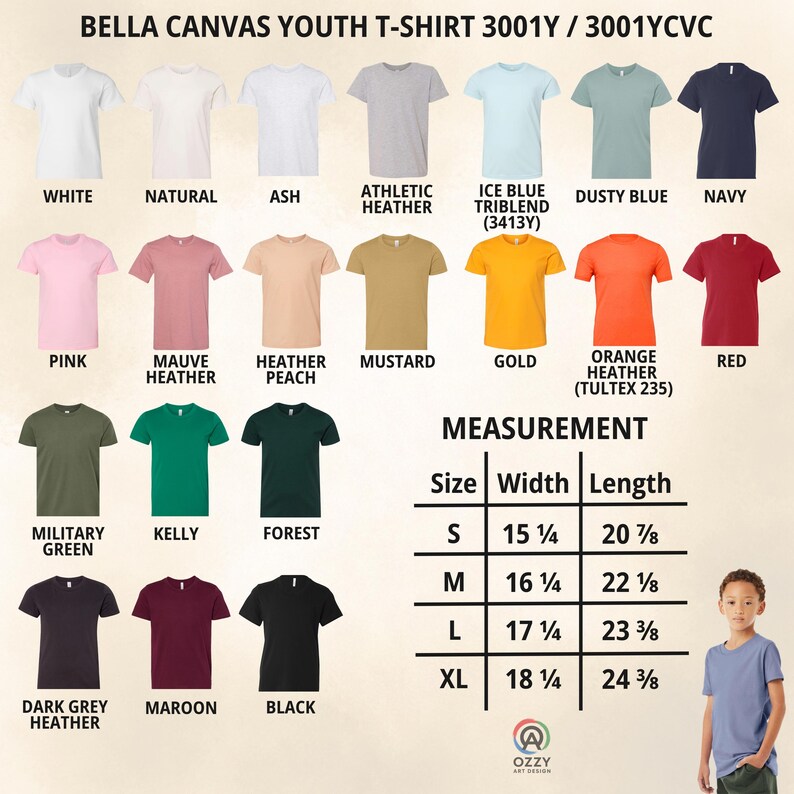 May include: A color chart for Bella Canvas youth t-shirts 3001Y and 3001YCVC, displaying twenty-one solid and heathered color options including white, navy, pink, gold, and black. A measurement table lists width and length in inches for sizes S to XL.