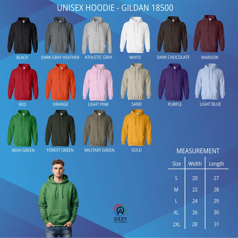 May include: A display of unisex hoodies in various colors, including black, gray, white, red, orange, pink, and green. The image also shows a measurement chart with sizes ranging from S to 2XL, with widths from 20 to 28 inches and lengths from 27 to 31 inches.