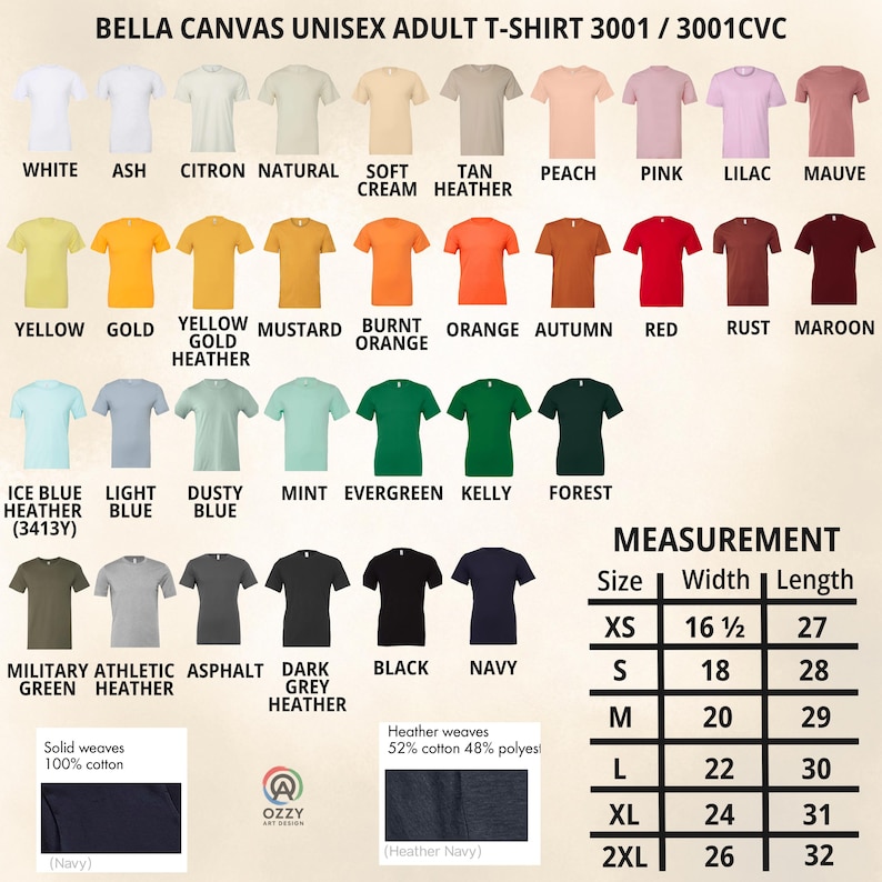 May include: A color chart for Bella Canvas 3001/3001CVC unisex adult t-shirts displaying 42 color options ranging from white to navy. Includes a measurement table with width and length in inches for sizes XS to 2XL, and fabric composition details.