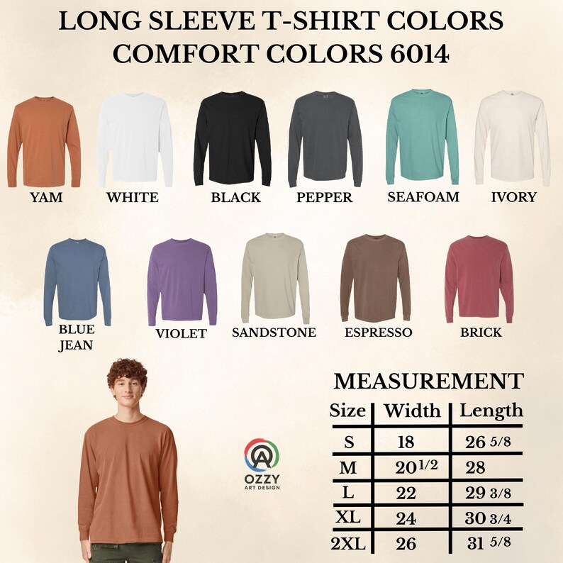 May include: A display of long-sleeve t-shirts in various colors, including Yam, White, Black, Pepper, Seafoam, and Ivory. The image also shows a person wearing a Yam-colored shirt and a size chart with measurements in inches.
