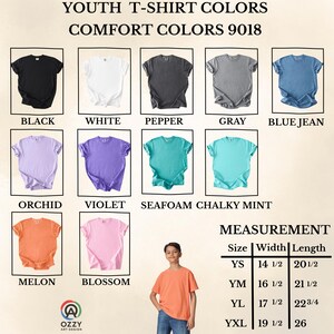 May include: Image showcasing youth t-shirt colors, including black, white, pepper, gray, and blue jean. Additional colors are orchid, violet, seafoam, chalky mint, melon, and blossom. Measurements are provided for sizes YS, YM, YL, and YXL.