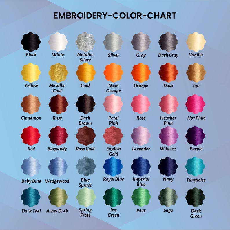 May include: An embroidery color chart with a variety of thread colors. The chart includes colors such as black, white, silver, gray, yellow, gold, orange, red, blue, and green. The text "EMBROIDERY-COLOR-CHART" is at the top.
