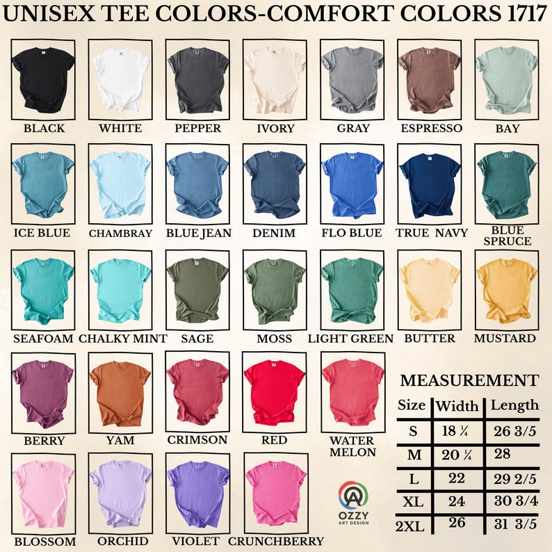 May include: A chart displaying a variety of unisex tee shirt colors, including black, white, and red. The chart also includes a measurement guide for sizes S through 2XL, with width and length in inches. The text "UNISEX TEE COLORS-COMFORT COLORS 1717" is at the top.