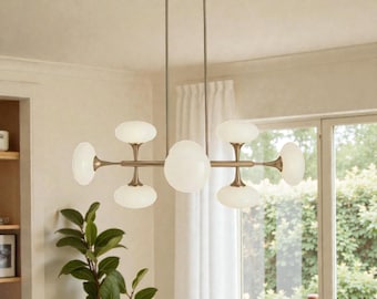 Mid Century Modern Linear Chandelier | Brass Finish with Opal Glass Shades | Designer Ceiling Light