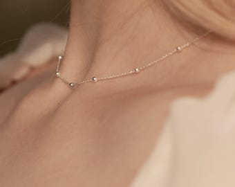 Minimalist Silver Bead Necklace Dainty Sterling Silver Choker Everyday Layering Chain Necklace Wedding Jewelry Bridesmaid Gift For Her