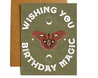 Birthday Magic Greeting Card, Blank Inside Note Paper Card, Birthday Stationery, Magical Moth, Whimsical