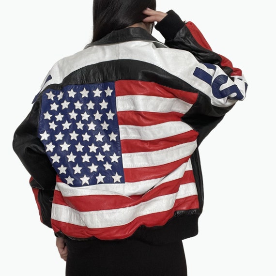 Vintage Genuine Leather USA Flag Jacket | Unisex … - image 4