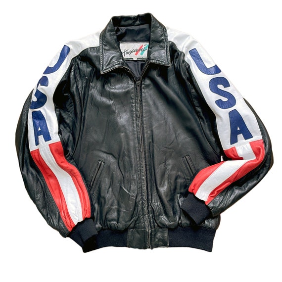 Vintage Genuine Leather USA Flag Jacket | Unisex … - image 2