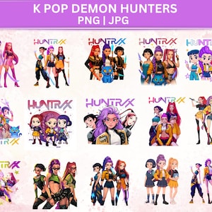 Puede incluir: Una colección de ilustraciones digitales con personajes femeninos estilizados en varias poses. La obra de arte incluye el texto "K POP DEMON HUNTERS" y el logotipo "HUNTRAX". Las imágenes están en formatos PNG y JPG.