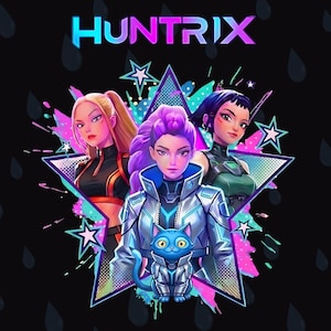 May include: Digital illustration featuring three female characters with vibrant hair colors, set against a black background with the word "HUNTRIX" in neon blue. The characters are framed by a star-shaped design with splashes of color and star accents.