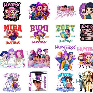 Pode incluir: Uma coleção de autocolantes coloridos K-Pop Demon Hunters. Os autocolantes apresentam vários personagens de desenhos animados e texto, incluindo "HUNTRAX", "MIRA", "RUMI", "ZOEY" e "MY LITTLE SODA POP". Os autocolantes estão em formato PNG e JPG.