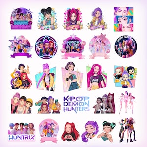 May include: A collection of colorful K-Pop themed stickers. The stickers feature illustrations of anime-style characters, some with microphones, and text such as "Happy Birthday" and "KPOP Demon Hunters". The stickers are in various shapes and sizes.