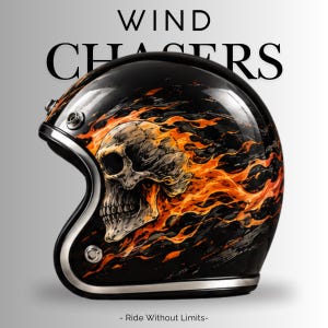 May include: A black motorcycle helmet featuring a graphic of a skull engulfed in orange and yellow flames. The text WIND CHASERS is printed above the helmet, and the text - Ride Without Limits- is printed below the helmet.